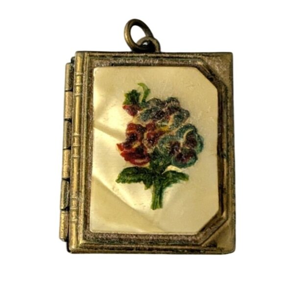 Jewelry - Vintage Enamel Book Locket Floral Design Romantic Sweetheart